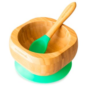 Juego de bol + cuchara con ventosa verde de bambú Eco Rascals